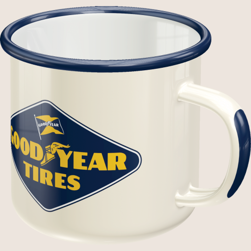 Goodyear krus - Emalje – Retro Goodyear emaljekrus, perfekt til bilentusiaster og samlere.