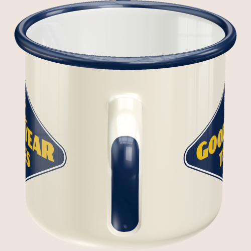 Goodyear krus - Emalje – Retro Goodyear emaljekrus, perfekt til bilentusiaster og samlere.