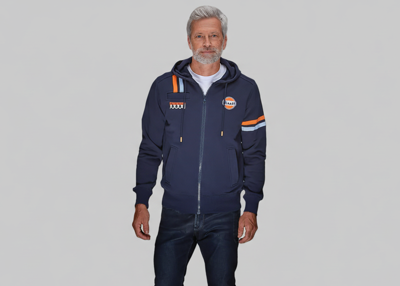 Gulf Hybrid Hoody Navy fra GrandPrix Originals med racing-striber og broderet Gulf-logo