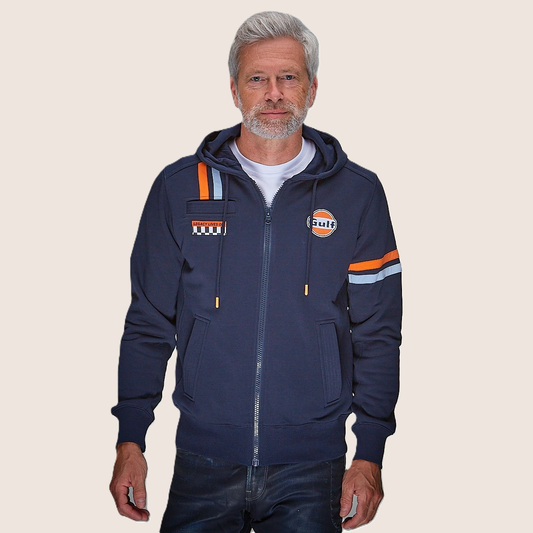 Gulf Hybrid Hoody Navy fra GrandPrix Originals med racing-striber og broderet Gulf-logo