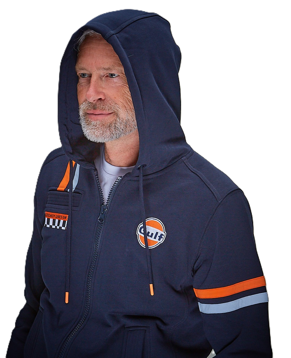 Gulf Hybrid Hoody Navy fra GrandPrix Originals med racing-striber og broderet Gulf-logo