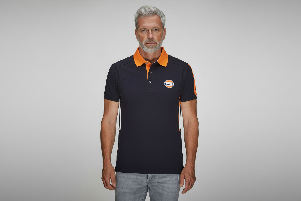 Gulf Side Stripe Polo Navy – Sporty polo i navyblå med ikoniske Gulf-racingstriber langs siden. Komfortabelt bomuldsdesign, perfekt til motorsportsfans og hverdagsbrug.