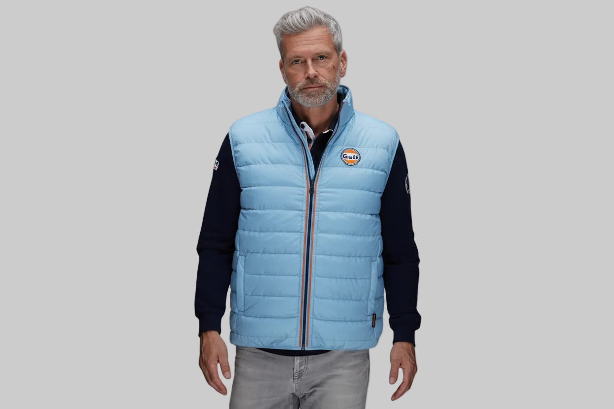 Gulf Wendeweste Blue fra GrandPrix Originals – vendbar vest med Gulf-farver og motorsportinspireret design