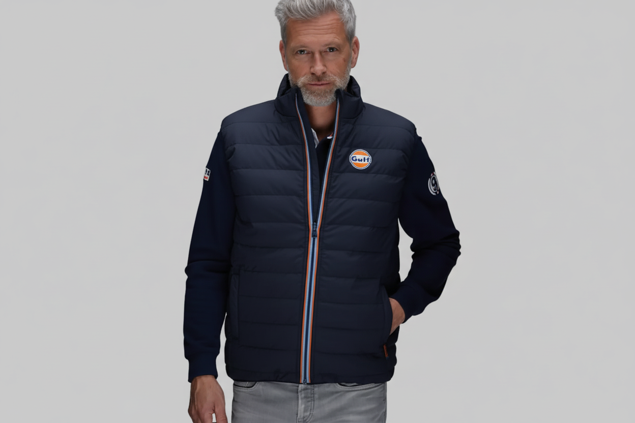 Gulf Wendeweste Blue fra GrandPrix Originals – vendbar vest med Gulf-farver og motorsportinspireret design