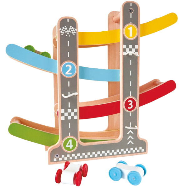 Hape Fast Flip Racetrack (E0438) – Farverig og robust træbilbane i skala 1:64, designet til børn fra 18 måneder. Bilerne kører ned ad de farvede ramper og flip-flopper fra bane til bane, hvilket skaber underholdende og lærerig leg. Fremstillet i bæredygtigt træ med giftfri maling og CE-mærket for sikkerhed.