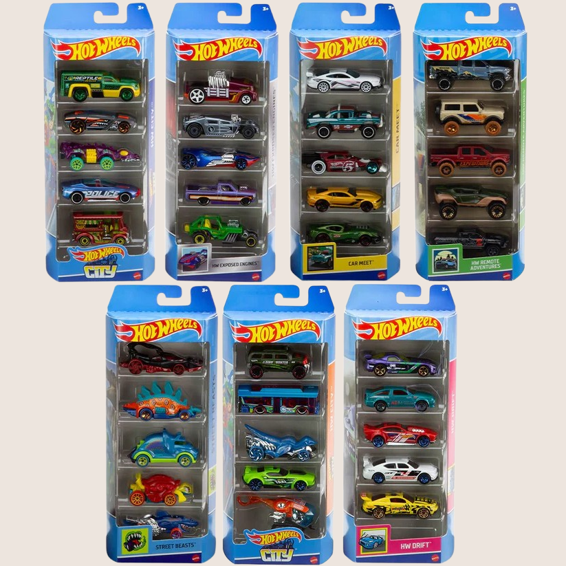 Hot Wheels 5-Pack – Pakke med 5 seje Hot Wheels-biler i skala 1:64. Hver bil har unikt design og fede detaljer – ideel til både leg og samling.