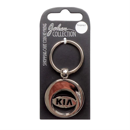 Cirkulær nøglering med billogo – Metalnøglering med ikonisk bilmærke i midten og aftagelig mønt til brug i indkøbsvogne. Praktisk og stilfuld accessory til bilentusiaster.