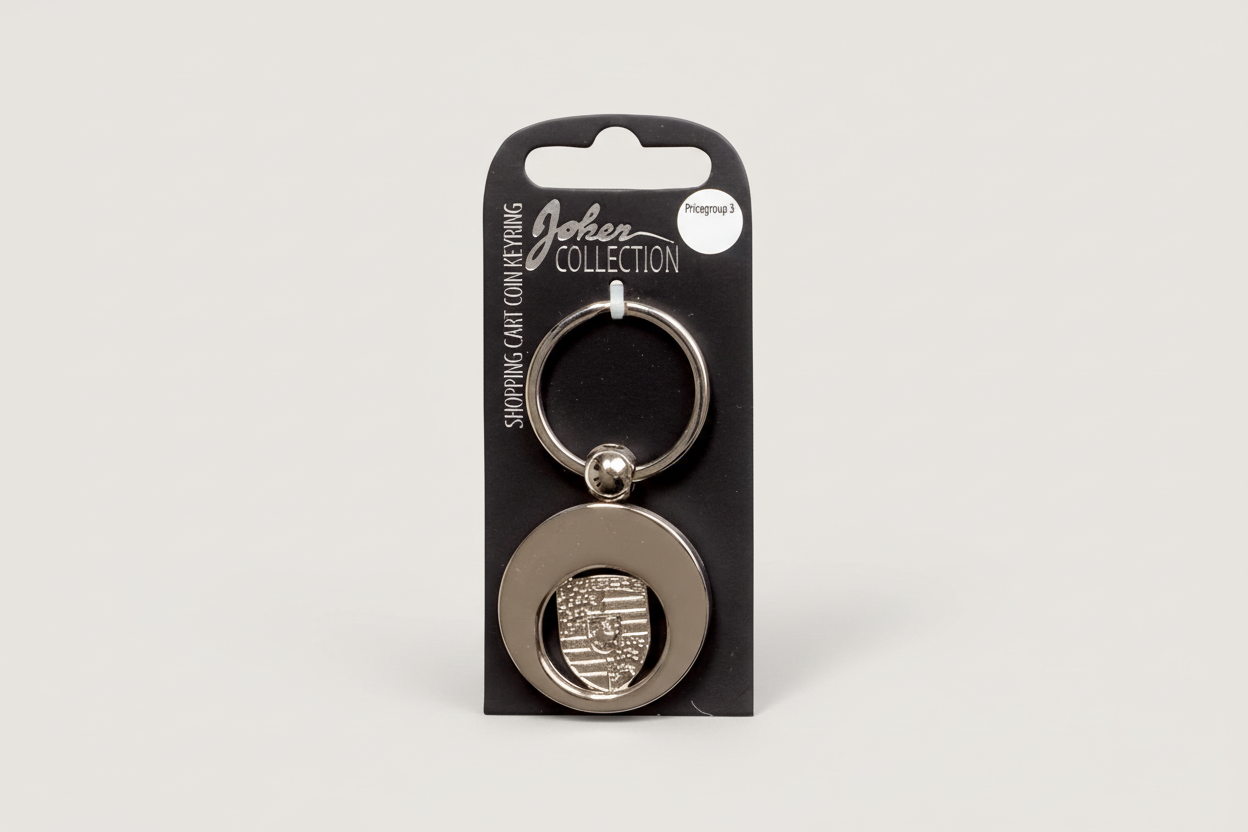 Car logo circular keychain - Metal keychain with iconic car brand in the center and detachable coin for use in shopping carts. Practical and stylish accessory for car enthusiasts.