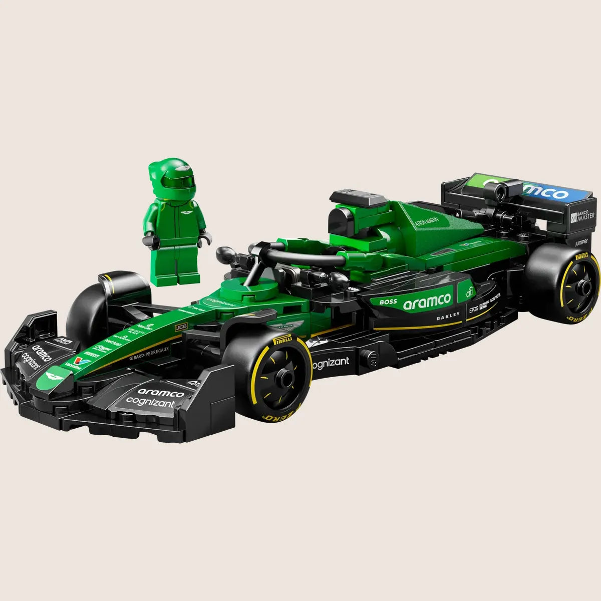 LEGO Speed Champions Aston Martin Aramco F1® AMR24-racerbil (77245) – detaljeret model af Aston Martin F1 AMR24 fra 2024-sæsonen. Sættet inkluderer en minifigur af en Aston Martin F1-kører, cockpit med sikkerhedsbøjle, bagvinge, wishbone-affjedring og sponsorklistermærker. Perfekt til både leg og udstilling.
