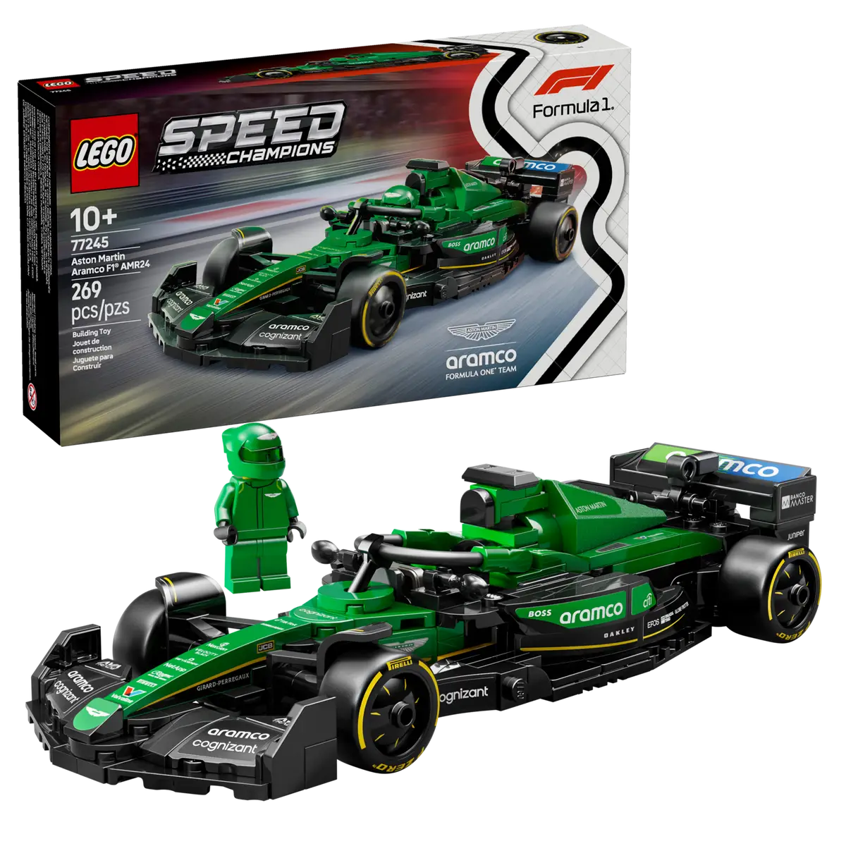 LEGO Speed Champions Aston Martin Aramco F1® AMR24-racerbil (77245) – detaljeret model af Aston Martin F1 AMR24 fra 2024-sæsonen. Sættet inkluderer en minifigur af en Aston Martin F1-kører, cockpit med sikkerhedsbøjle, bagvinge, wishbone-affjedring og sponsorklistermærker. Perfekt til både leg og udstilling.