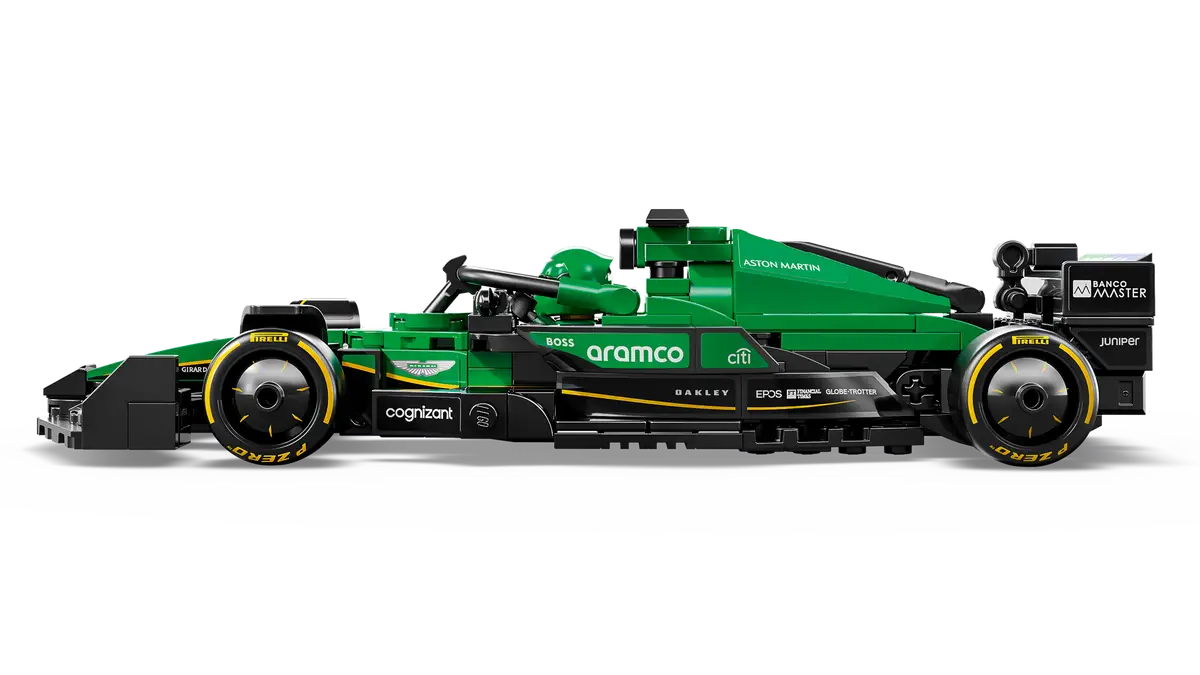 LEGO Speed Champions Aston Martin Aramco F1® AMR24-racerbil (77245) – detaljeret model af Aston Martin F1 AMR24 fra 2024-sæsonen. Sættet inkluderer en minifigur af en Aston Martin F1-kører, cockpit med sikkerhedsbøjle, bagvinge, wishbone-affjedring og sponsorklistermærker. Perfekt til både leg og udstilling.