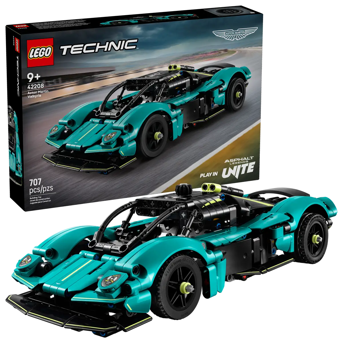 LEGO Technic 42208 Aston Martin Valkyrie – detaljeret 1:24 Technic-model med 707 dele, teal og sort finish, funktionelle gullwing-døre, bevægelige hydrauliske stempler i V12-motoren, topstyret rattet, hætte der åbner, motorcover der løftes og differentiale – autentisk reproduktion af den aerodynamiske superbil