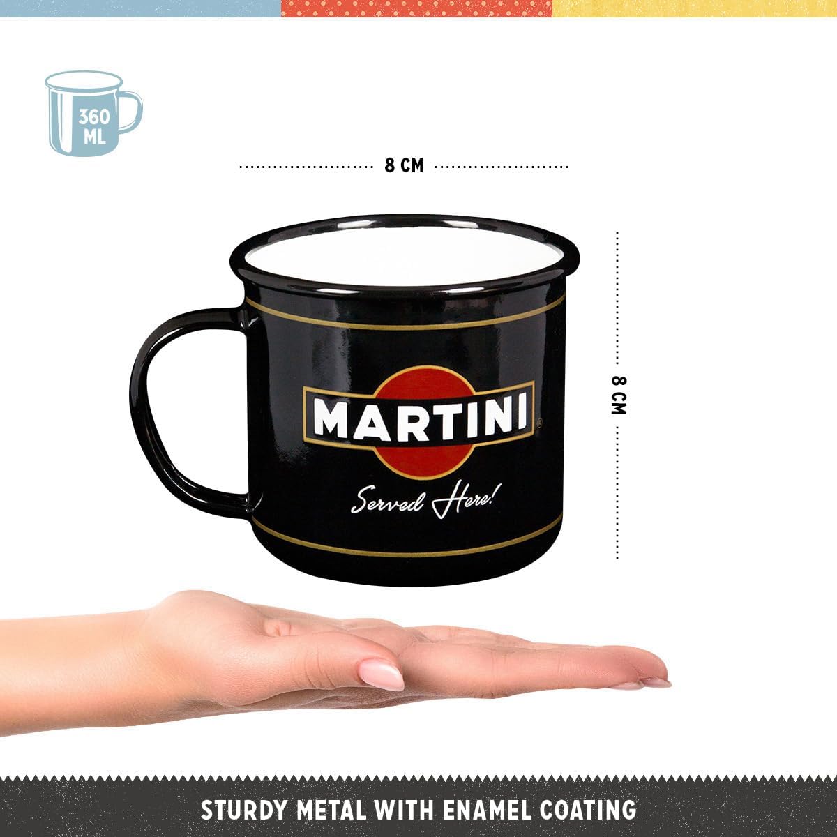 Martini Served Here Emaljekrus – Klassisk retro krus i emalje med ikonisk Martini-design. Perfekt til kaffe, te eller som samlerobjekt for bil- og motorsportsentusiaster.