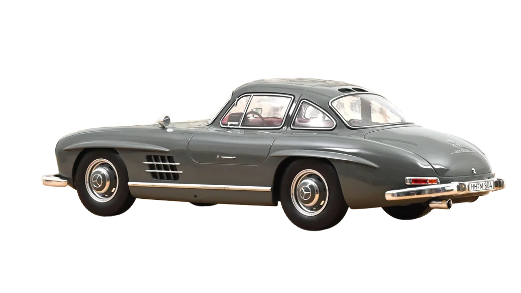 Mercedes-Benz 300 SL 1:12 model i graphite grey fra Norev med gullwing-døre og detaljeret design