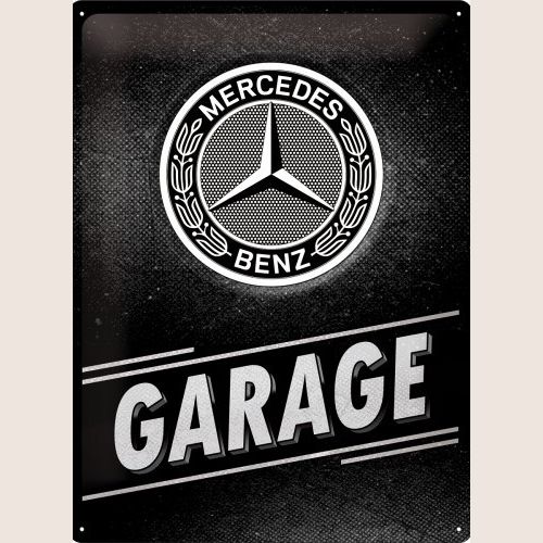 Mercedes-Benz Garage Tin Sign 30x40 cm – Retro metalskilt med klassisk Mercedes-Benz garage-design. Ideel til vægdekoration i værksted, garage eller hos bilentusiaster.