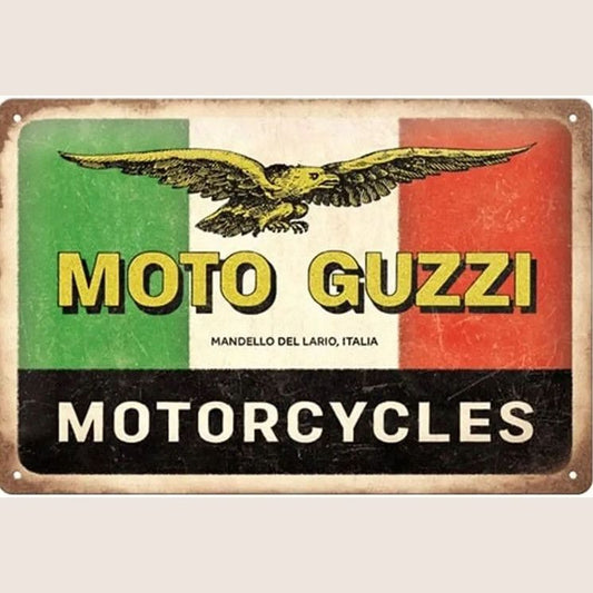 Moto Guzzi Motorcycles Italia Tin Sign – Retro metalskilt med klassisk italiensk Moto Guzzi-design. Perfekt til motorcykelentusiaster, værksted eller vintage dekoration.