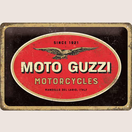 Moto Guzzi tin-skilt 20x30 cm i rød med klassisk logo og retro design
