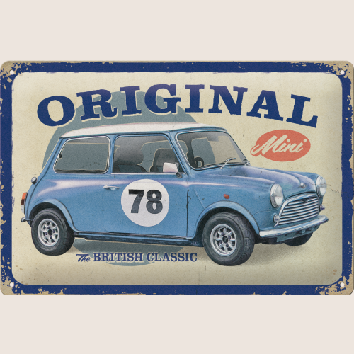 Original Mini The British Classic Tin Sign 20x30 cm – Retro metalskilt med ikonisk Mini-design. Ideel vægdekoration til bilentusiaster, garage eller samlerhylden.