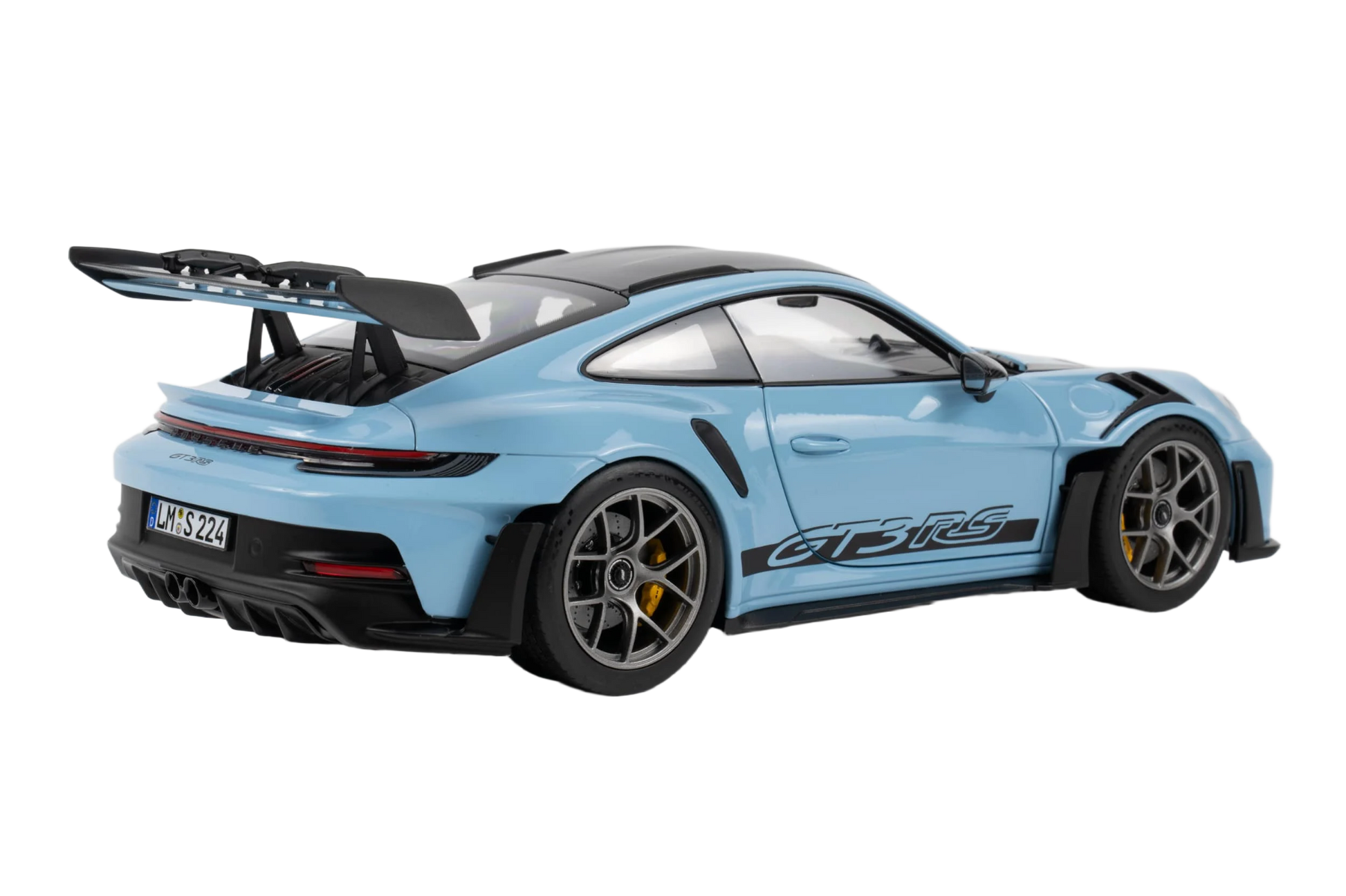 Porsche 911 GT3 RS 2022 1:12 model i Weissach Light Blue fra Norev med detaljeret karrosseri og realistisk interiør