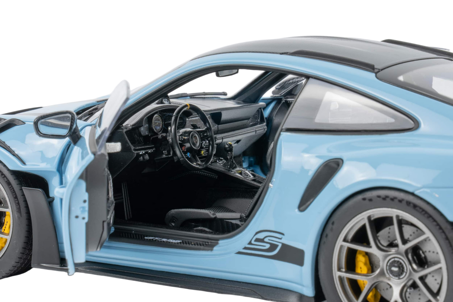 Porsche 911 GT3 RS 2022 1:12 model i Weissach Light Blue fra Norev med detaljeret karrosseri og realistisk interiør