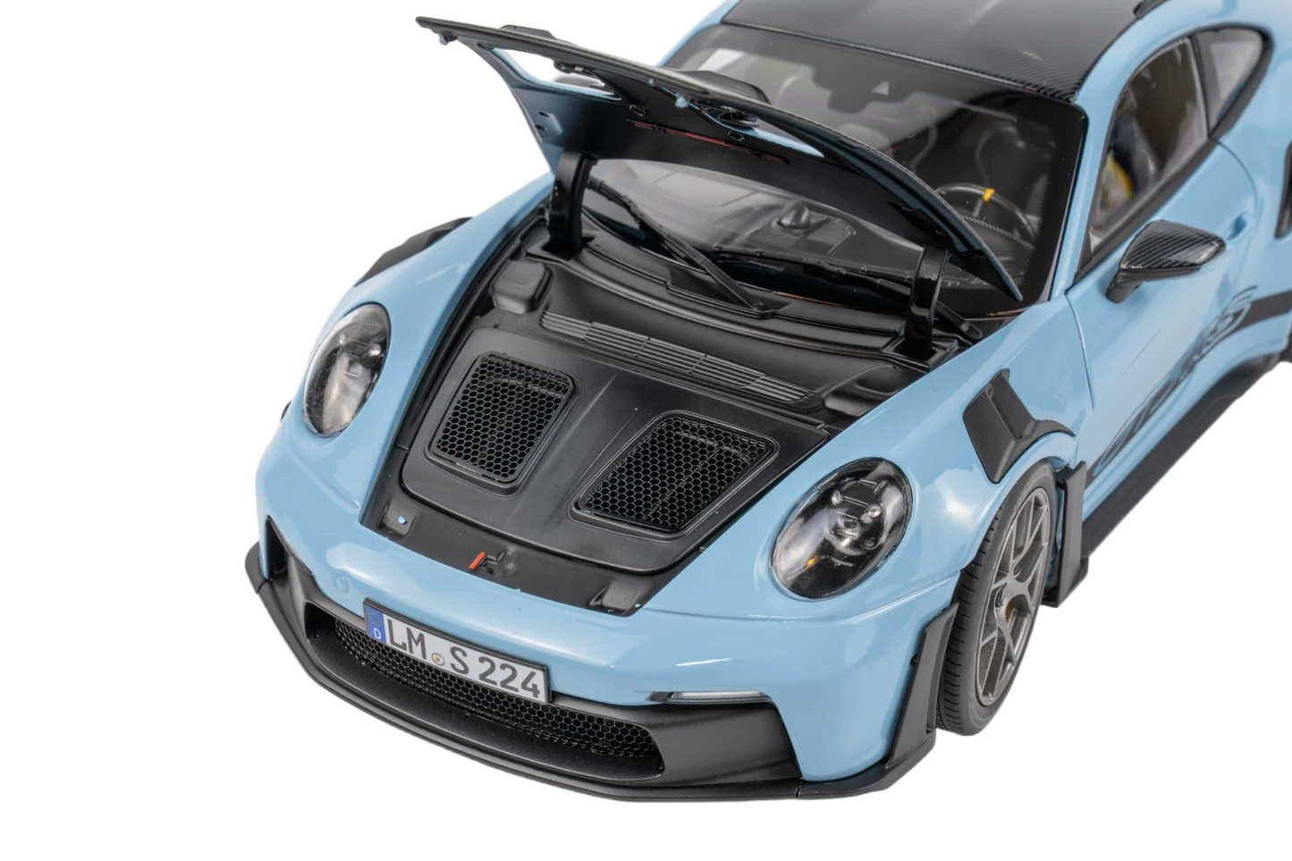 Porsche 911 GT3 RS 2022 1:12 model i Weissach Light Blue fra Norev med detaljeret karrosseri og realistisk interiør