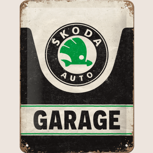 Škoda Tin Sign 15x20 cm – Klassisk retro metalskilt med Škoda-logo. Perfekt som dekoration i garage, værksted eller til bilsamlere.