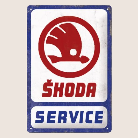 Škoda Service Tin Sign 20x30 cm – Retro metalskilt med klassisk Škoda service-design. Perfekt vægdekoration til værksted, garage eller samlere af bilhistorie.