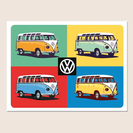 VW Bulli Pop Art Magnet – farverig retro magnet med fire Bulli-tegninger i pop-art stil på metalbaggrund, designet af Nostalgic Art til at pryde enhver metaloverflade med vintage charme. 